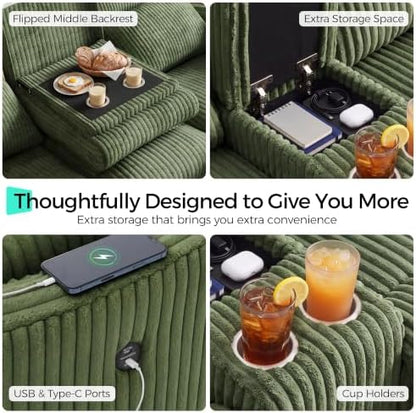 LINSY Modular 3-Seater Recliner Sofa with Flippable Console & Hidden Storage, Dual Manual Reclining Couch with USB Ports & Cup Holders, Corduroy Couch for Living Room, Home Cinema, RV (Green)