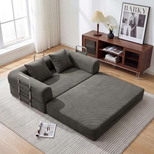59'' Convertible Compressed Corduroy Folding Sofa Bed, Modern Boneless Pull Out Loveseat Sleeper in a Box, 4 in 1 Floor Mattress Futon Cloud Couch for Home, No Assembly Needed, Grey, 2 Pillows, Queen