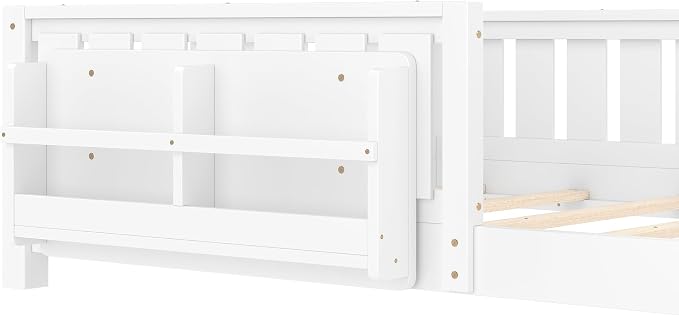 Bellemave White Montessori Floor Bed with Fence and Slats, Full Size Montessori Floor Bed with Bookcase and High Rails, Easy Assemble Bed Frame for Girls, Boys, Full