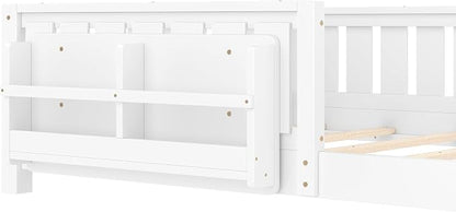 Bellemave White Montessori Floor Bed with Fence and Slats, Full Size Montessori Floor Bed with Bookcase and High Rails, Easy Assemble Bed Frame for Girls, Boys, Full