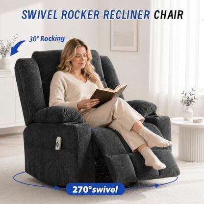 Power Swivel Rocker Recliner Chair with Massage and Heat for Adults,Electric Glider Reclining Single Sofa Chair for Living Room,USB & Type-C Charging Ports, Infinite Position,Dark Gary