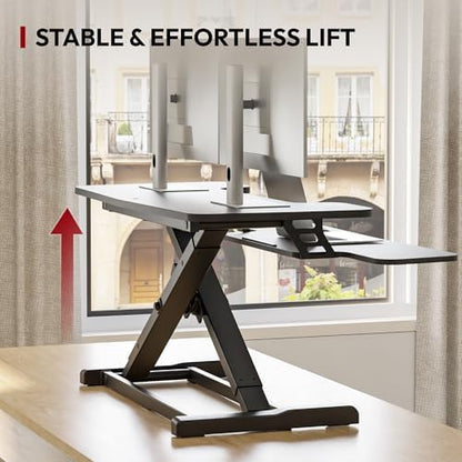 SANODESK 36" Standing Desk Converter, Adjustable Sit to Stand Desk Riser with Effortless Lifting for Home Office, Desk Topper for Dual Monitors, Computer Lift with Keyboard Tray, Black