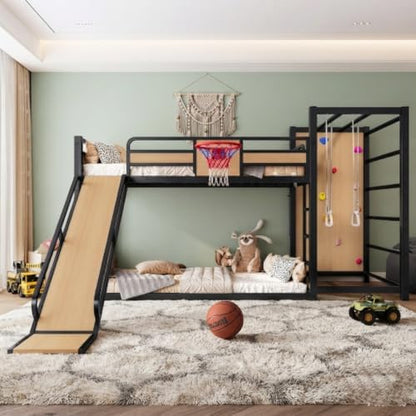 Twin Over Twin Metal Bunk Bed with Slide and Storage for Kids, Yellow