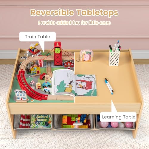 Costzon Train Table, 3-in-1 Wooden Activity Table W/ 3 Storage Bins (Gray)