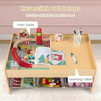 Costzon Train Table, 3-in-1 Wooden Activity Table W/ 3 Storage Bins (Gray)