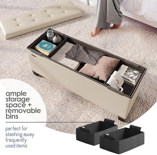 Storage Ottoman Bench with Bins, 43-in Storage Bench for Bedroom End of Bed, Folding Foot Rest Ottoman for Living Room Max 660lbs, Leather Ottomans, Beige