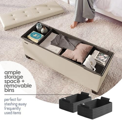 Storage Ottoman Bench with Bins, 43-in Storage Bench for Bedroom End of Bed, Folding Foot Rest Ottoman for Living Room Max 660lbs, Leather Ottomans, Beige