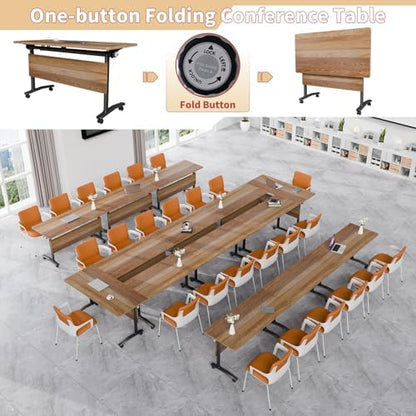 Folding Conference Table, Conference Room Tables with Wheels Foldable Large Rectangle Meeting Seminar Table for 6-12 People, Flip Top Mobile Training Table for Office Classr (4, Walnut 3, 55.1in)