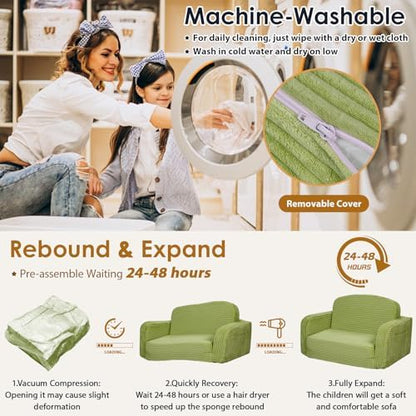 Extra Wide 2 in 1 Convertible Toddler Kids Couch - Corduroy Fold Out Kids Sofa Chair with Blanket, Comfy Comfortable Toddler Chair, Machine-Washable Cover, for Boys Girls, Green