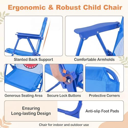 HONEY JOY Kids Picnic Table, Animal Themed Toddler Outdoor Table and Chair Set, 2 Folding Chairs & Removable Umbrella, Children Outdoor Furniture for Backyard Patio Garden (Navy Shark)