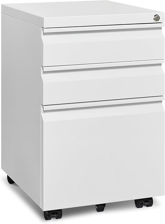 Approgreent Mobile File Cabinet for Home Office, Lockable 3 Drawer Filing Cabinet with Wheels for A4-Size/Letter-Size/Legal-Size, Fully Assembled Except Casters, White