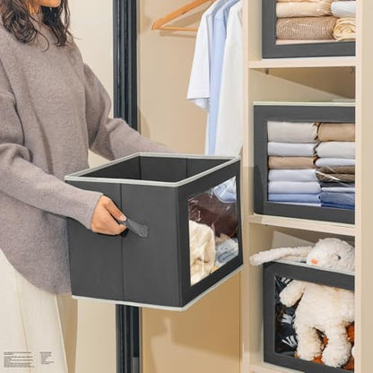 Stackable Storage Bins with Lids - Large Storage Box with Lids, Foldable Closet Boxes for Organizing, Wardrobe Clothes Organizer with Window, Cubes Bins for Living Room, 4 Pack, Dark Grey