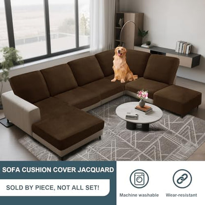 UNBBRRL Seat Cushion Cover and Back Covers for Corner Sofa Stretch Jacquard, Non Slip L Shaped Sofa Slipcover with Storage Ottoman, Sectional Couch Cover for Chaise Lounge (Caramel,31 x 45 x 6”)