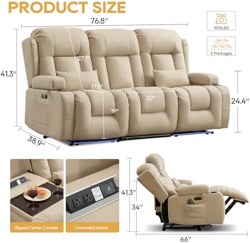 IPKIG Power Loveseat Recliner Sofa with Flip Back Console, 76.8", 3 Seat