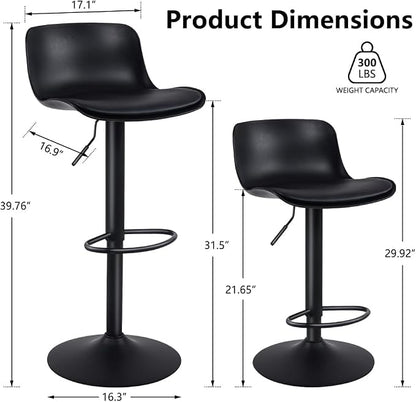 Kidol & Shellder Bar Stools Set of 2 Black Adjustable Swivel Counter Height Stools, Modern PU Leather Upholstered with Backs Barstools for Kitchen Island