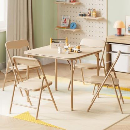 JOYMOR Kids Folding Table and Chairs Set, 5-Piece Metal Frame Activity Set with Easy-Fold Design for Playroom & Classroom, Beige