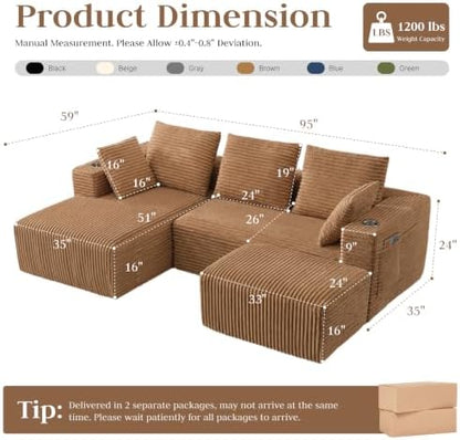 95" Boneless Couch, U-Shaped Modular Sectional Sofa with Ottoman