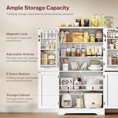 TEENFON Storage Cabinet, Pantry Cabinet with 4 Doors and 3 Storage Shelves, Kitchen Cabinet, Bathroom Storage Cabinet for Living Room, Small Space, Dining Room, 51”H White