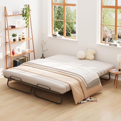 79"x59" Folding Bed with 13CM Memory Mattress, Queen Size Double Portable Bed for Adults, Roll Away Foldable Beds on Wheels,Hideaway,Save Space