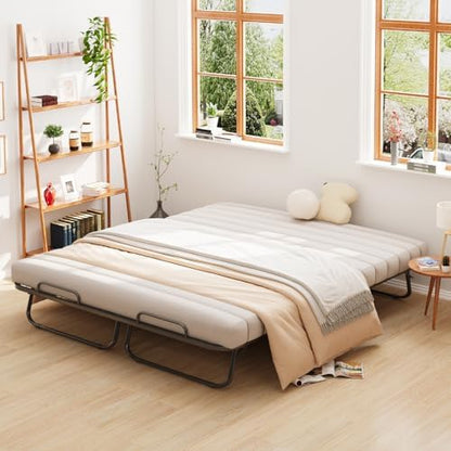 79"x59" Folding Bed with 13CM Memory Mattress, Queen Size Double Portable Bed for Adults, Roll Away Foldable Beds on Wheels,Hideaway,Save Space
