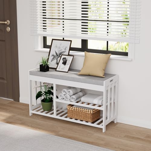 Bamboo Shoe Storage Bench with Cushioned Seat 3-Tier Entryway Shoe Rack