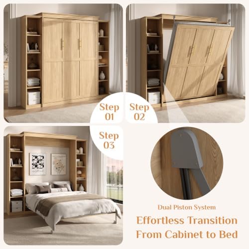 Rophefx Murphy Bed Full Cabinet with 5-Tier Shelves, Wood Wall Bed,Natural