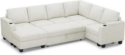 Belffin Sleeper Sofa Modular Sectional Pull Out Couch Bed U Shaped Sofa Couch for Living Room with Storage Chaise. White