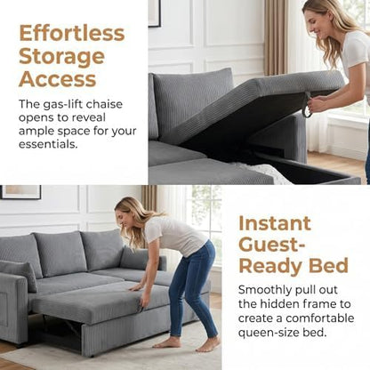 Sectional Sleeper Sofa with Pull Out Bed, LShape Convertible Sofa Bed Couch with Storage Chaise, 3 in 1 Pull Out Sofa Bed with 3 Seats, for Living Room,Apartment, Gray, 85Inch