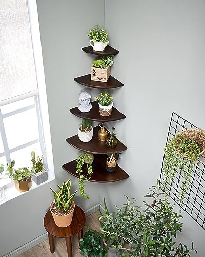 Corner Shelves, Floating Corner Shelf, Set of 2 7inch Solid Oak Wood Corner Wall Shelves, Round End with Wire Hole for Small Plant for Bedroom Kitchen, Living Room