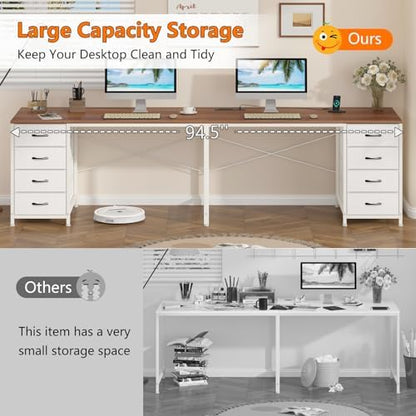 95" 2 Person Desk with 8 Fabric Drawers for Home Office, Living Room