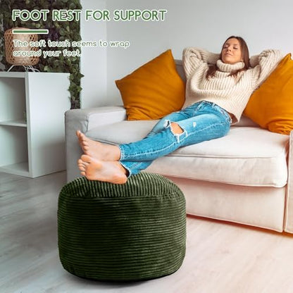 HIGOGOGO Round Stuffed Pouf Ottoman, Corduroy Poufs with Foam Chunk Filling, Furry and Fluffy Pouf Foot Stool Storage Ottoman, 26 X 18 Floor Poufs Foot Rest for Living Room, Dark Green