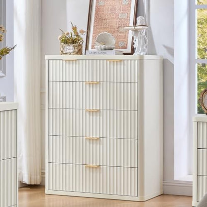 LEYAOYAO Fluted 6 Drawers Dresser for Bedroom Set of 2, 42" Tall Modern Chest of Drawers with Metal Handle, Curved Profile Design,Wood Drawer Organizer for Bedroom, Living Room,Antique White