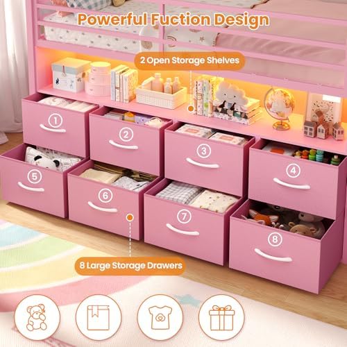 Low Loft Bed Twin Size with 8 Storage Drawers, LED House Loft Bed