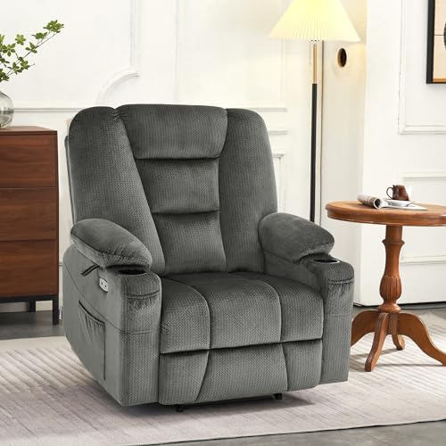 MCombo Oversized Power Lift Recliner Chair Sofa with Massage and Heat for Elderly People Petite, USB Ports, Side Pockets, Fabric R7561 (Grey, Small-Oversize)