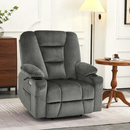 MCombo Oversized Power Lift Recliner Chair Sofa with Massage and Heat for Elderly People Petite, USB Ports, Side Pockets, Fabric R7561 (Grey, Small-Oversize)