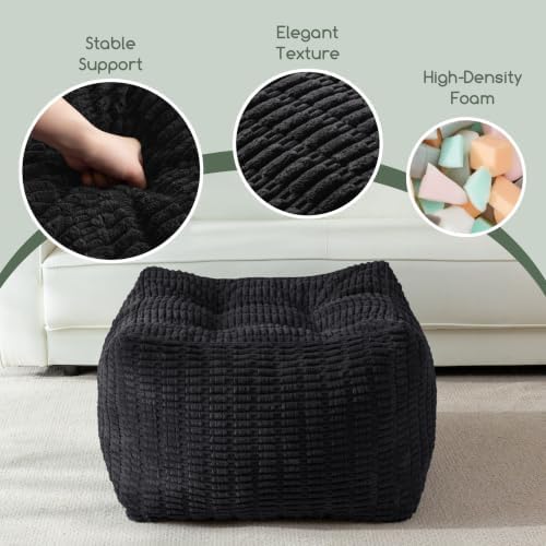 HIGOGOGO Square Stuffed Pouf Ottoman, Blended Corduroy Poufs with Foam Chunk Filling, 25.6 x 25.6 Inches Floor Poufs Foot Rest for Living Room, Black