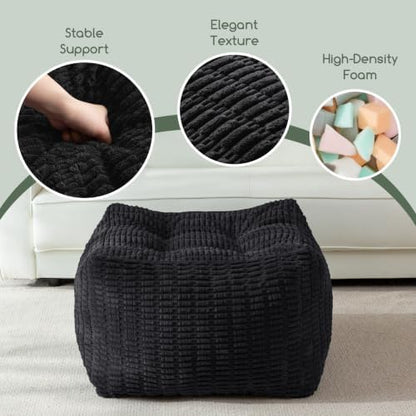 HIGOGOGO Square Stuffed Pouf Ottoman, Blended Corduroy Poufs with Foam Chunk Filling, 25.6 x 25.6 Inches Floor Poufs Foot Rest for Living Room, Black