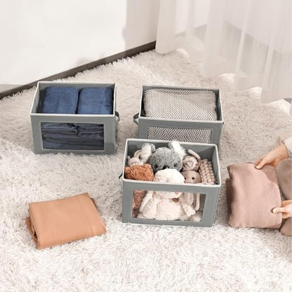 Stackable Storage Bins with Lids - Medium Storage Box with Lids, Foldable Closet Boxes for Organizing, Wardrobe Clothes Organizer with Window, Cubes Bins for Living Room, 5 Pack, Grey