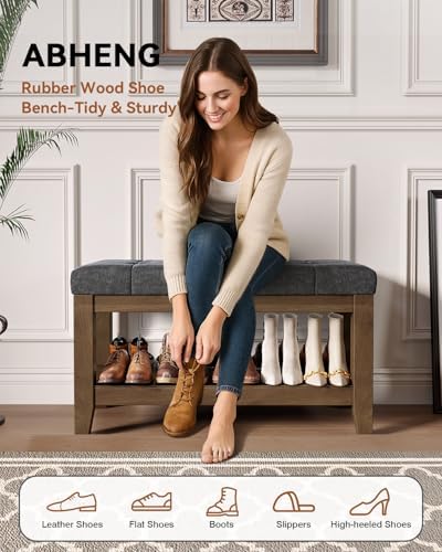 Rubber Wood Shoe Upholstered Shoe Bench Dark Gray Chenille UASND66G