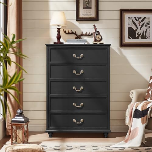 Joaxswe Farmhouse 5 Drawer Dresser Set of 2 for Bedroom, 45" Tall Rustic Chests of Drawers w/ 4 Solid Wood Feet, Vintage Mid Century Wooden Closet Storage Dressers Organizer for Living Room, Black