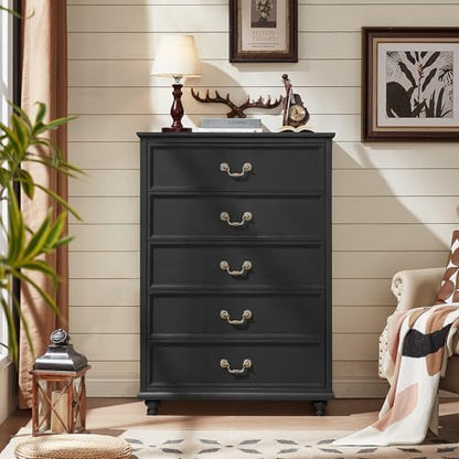 Joaxswe Farmhouse 5 Drawer Dresser Set of 2 for Bedroom, 45" Tall Rustic Chests of Drawers w/ 4 Solid Wood Feet, Vintage Mid Century Wooden Closet Storage Dressers Organizer for Living Room, Black