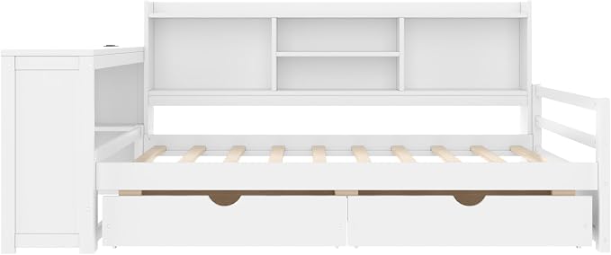 Bellemave Twin Size Corner Bed Frame with Storage Drawers and Desk,Captain L-Shaped Daybed with Bookcase,Corner Bed Frame Twin Size with Charging Station for Kids,Teens,Guests,White