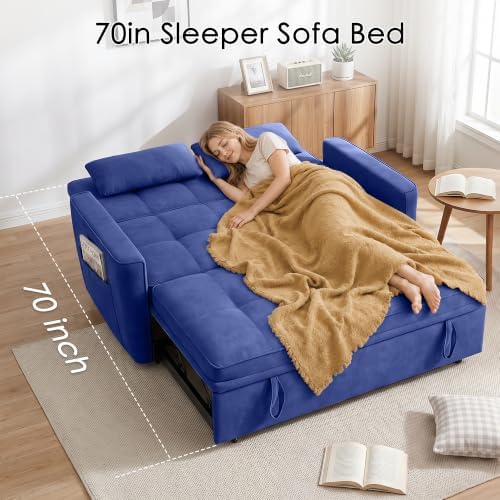 54'' Sleeper Sofa Bed, Convertible Pull Out Couch with Adjustable Backrest, Side Pockets & 2 Lumbar Pillows, Velvet Fabric Loveseat for Living Room, Apartment & Small Spaces (Blue)