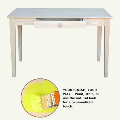 IC International Concepts, Writing Desk With Drawer, Solid Real Wood, Sturdy Parawood, Dimensions 19.41"W x 15"D x 2.36"H, Home Office/Study, Paint/Stain Ready, Unfinished