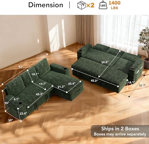 Sunny Heart 82" L-Shaped Sleeper Sofa with Pull Out Bed, Sectional Couch with Reclining Backrest, Reversible Storage Chaise, Armrest Storage, Cup Holders, and Side Pockets, Tool-Free Assembly, Green
