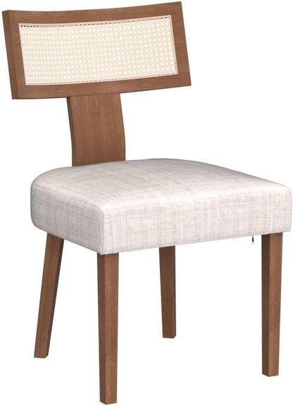 HNY Mid Century Modern Rattan Dining Chairs Set of 2, Linen Upholstered Kitchen & Dining Room Chairs with Ergonomic Curved Back, Solid Wood Frame, Farmhouse Accent Chairs for Home, Apartment, Beige