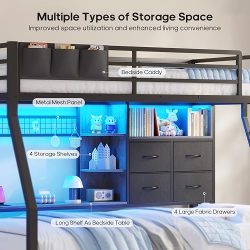 Bunk Bed Twin Over Twin with Charging Station & LED Lights, Black
