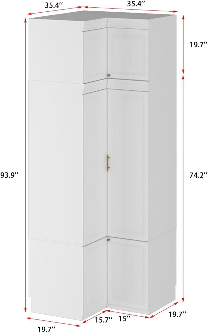 MOUMON L-Shaped 4 Door Wardrobe Closet with Shelves, Armoire Wardrobe Closet with Hanging Rod, Top Cube Storage, White and Gold 35.4”W x 35.4”D x 94.7”H