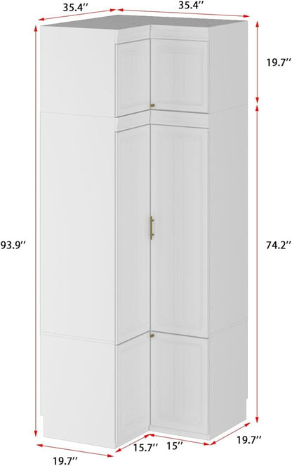 MOUMON L-Shaped 4 Door Wardrobe Closet with Shelves, Armoire Wardrobe Closet with Hanging Rod, Top Cube Storage, White and Gold 35.4”W x 35.4”D x 94.7”H