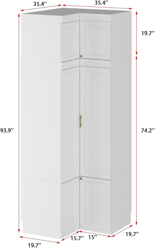 MOUMON L-Shaped 4 Door Wardrobe Closet with Shelves, Armoire Wardrobe Closet with Hanging Rod, Top Cube Storage, White and Gold 35.4”W x 35.4”D x 94.7”H